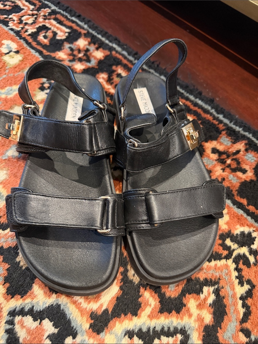 Steve Madden Black Leather Dad Sandals with Gold Accent